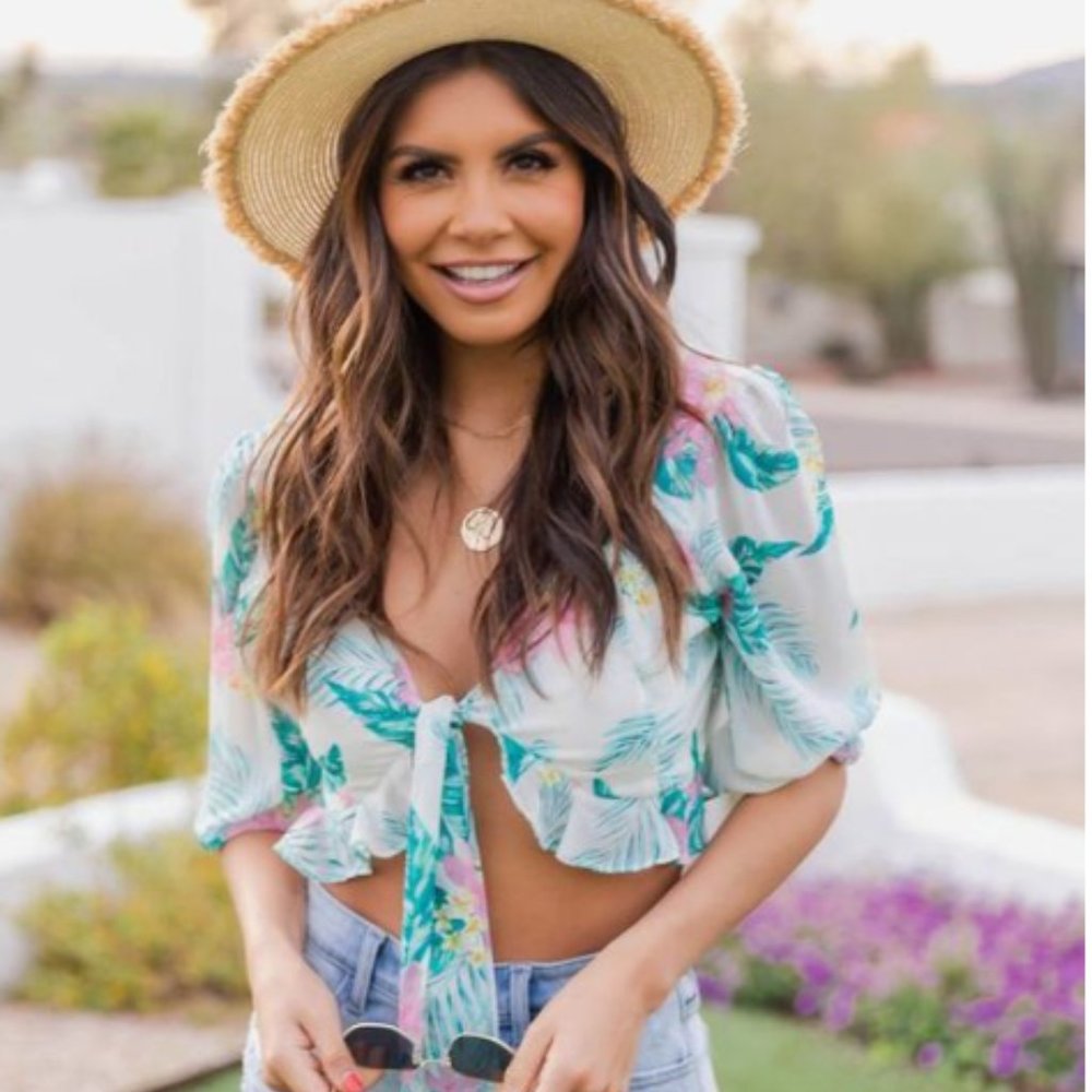 Pink Lily Ocean Views Await Floral Tie Front Ivory Blouse